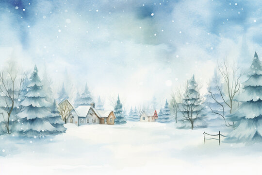 Winter landscape with village cozy houses and fir trees in snow in watercolor style. Holiday digital watercolor illustration for design on Christmas and New Year card, poster or banner. Generative AI.