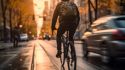 man riding a bicycle on a road in a city street. blurry city in the background. golden hour day...