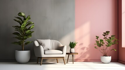 Obraz na płótnie Canvas Minimalist interior design room with armchair in front of wall, AI Generative