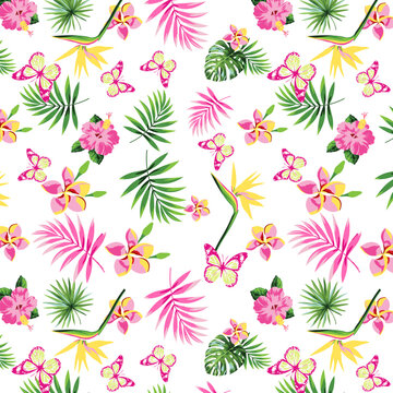 Tropical palm leaves and floral seamless pattern background. design for use all over fabric print wrapping paper decorative backdrop and others