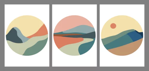Gordijnen Grijs Set of Round Mountains logo. Round logo for stickers, poster logos, card. Minimalist style landscape illustrations of Mid century modern art with river, hills, wave  © gina
