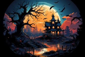 Halloween night scene with moon, Halloween night scene with pumpkin, Hunting house, illustration