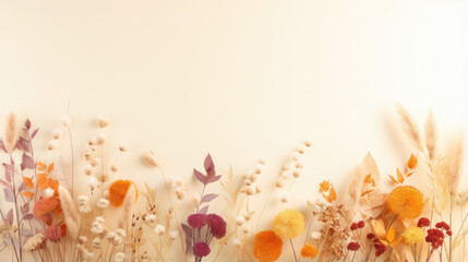 Dried flowers border banner, yellow background