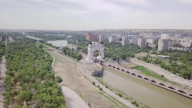 Descending from the air on the Volgo-Don Canal and the arch of Lock No.1 in Volgograd, Russia.