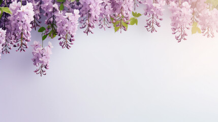 Wisteria floral banner with blank space, purple gradient background