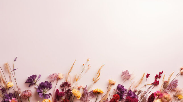 Dried flowers border banner, pink background - Powered by Adobe
