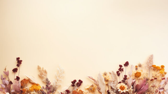 Dried flowers border banner, yellow background