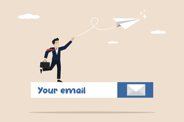 Email subscription to send promotions and product updates, online communication, businessman launching paper airplanes on email subscription form on website. Successful businessman illustration. 