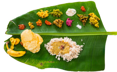 Onam Sadhya Thali on Banana Leaf - Traditional Kerala Vegetarian Feast
