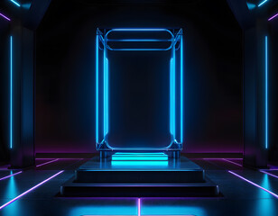Empty podium Futuristic Sci fi 3D Rendering Alien Neon Glass Modern Empty cyber punk gaming neon light. AI generative