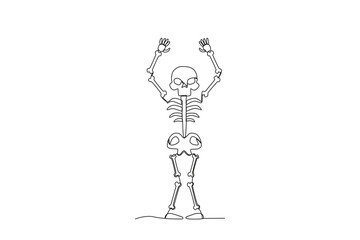 A skeleton raised both hands up. Human skeleton one-line drawing