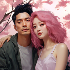 asian couple, a girl with pink hair and a guy, young people.