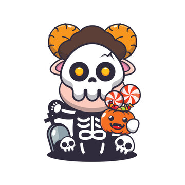 Cute ram sheep with skeleton costume holding halloween pumpkin. 