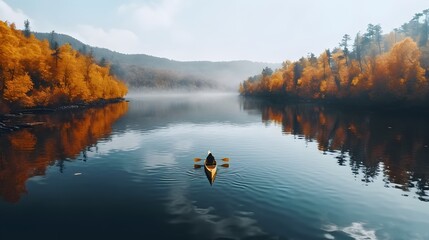 Person rowing on a calm lake in autumn, aerial view only small boat visible with serene water around - lot of empty copy space for text. Generative AI - Powered by Adobe