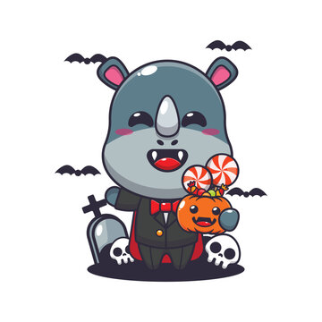 Vampire rhino holding halloween pumpkin cartoon illustration.