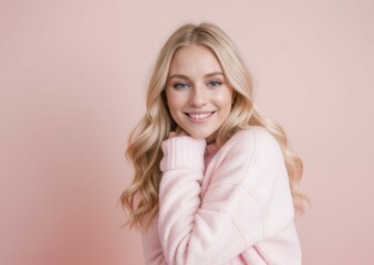 blonde woman wearing casual winter clothing over pink background Hugging one self happy and positive, smiling confident. Self love and self care