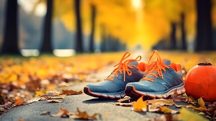 sport shoes water and dumbbells laid on a path in a tree autumn alley with maple leaves,...