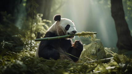 A Panda Bear Holding a Bamboo Stick in Its Paws and Eating with Joy, Illustrating Nature's Culinary...