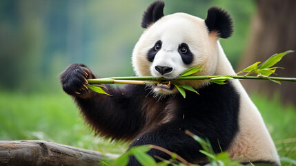 Obraz premium A Panda Bear Holding a Bamboo Stick in Its Paws and Blissfully Eating, Epitomizing the Culinary Delight of Nature's Bamboo-Gourmet Marvel
