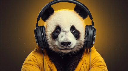 A Panda Bear Grooving with Headphones and Stylishly Holding a Sunny Yellow Umbrella