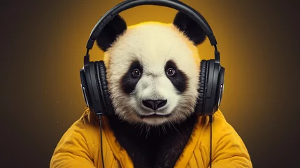 Poster Im Rahmen A Panda Bear Grooving with Headphones and Stylishly Holding a Sunny Yellow Umbrella © Linus