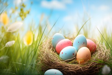 Fototapeta na wymiar Springtime Easter Celebration with Grass Nest and Eggs - AI Generated