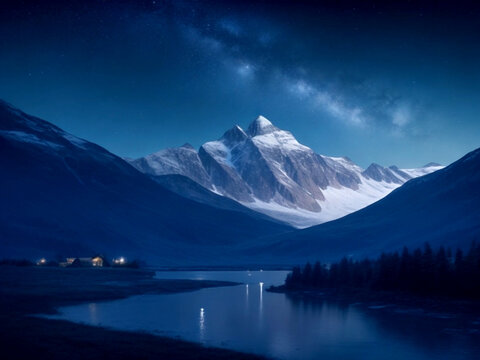 lake and mountains at night