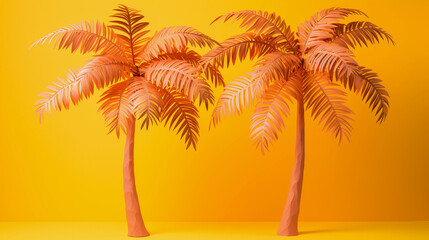 Fototapeta na wymiar Handcrafted Paper Sculpture Featuring Two Graceful Palm Trees Against a Vibrant Orange Background
