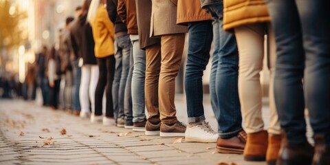 Group of people standing in a line on the street. Generative AI