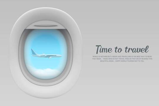 World tourism day flight window and air plane, travel concept vector illustration