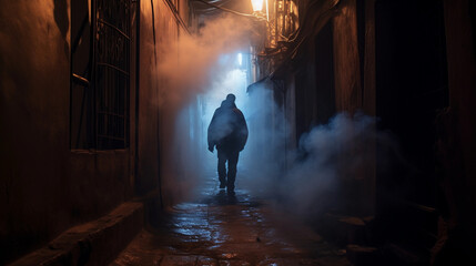Silhouette of a Person Standing in a Narrow Alleyway, Shrouded in Mystical Wisps of Smoke and Intrigue