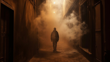 Fototapeta premium Person Standing in a Narrow Alleyway Surrounded by Mysterious Smokes