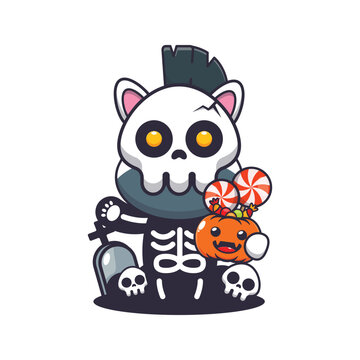 Cute zebra with skeleton costume holding halloween pumpkin cartoon illustration.