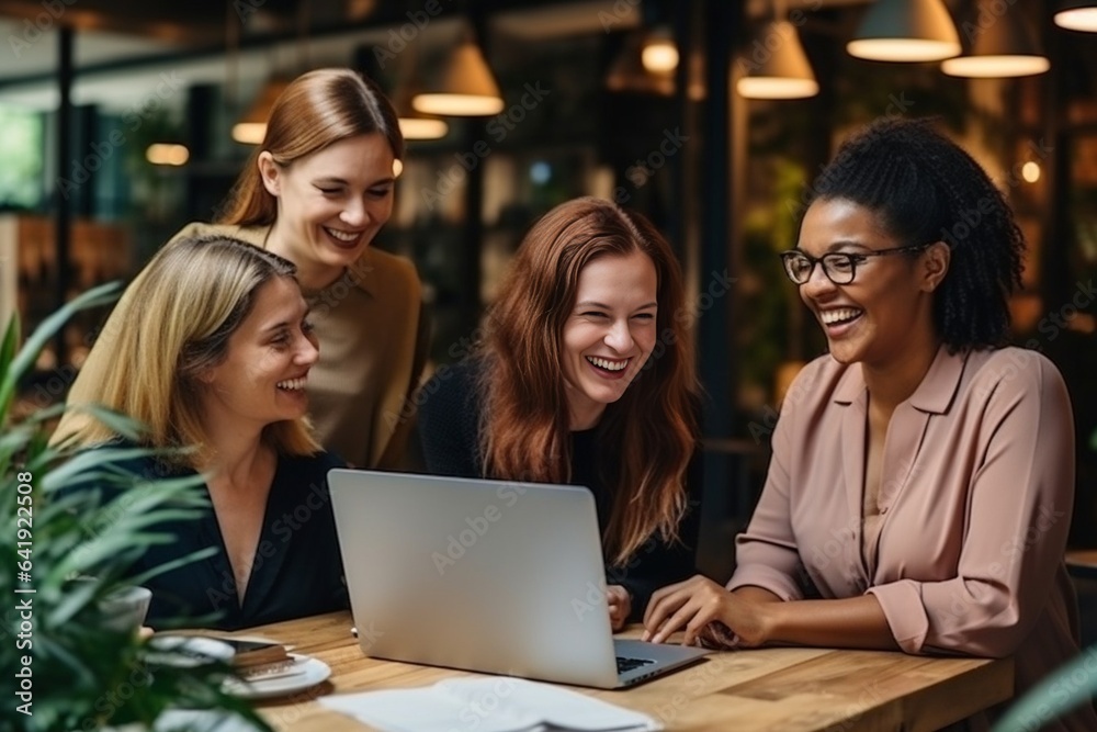 Aufkleber generative ai : joy of teamwork. female coworkers using laptop,