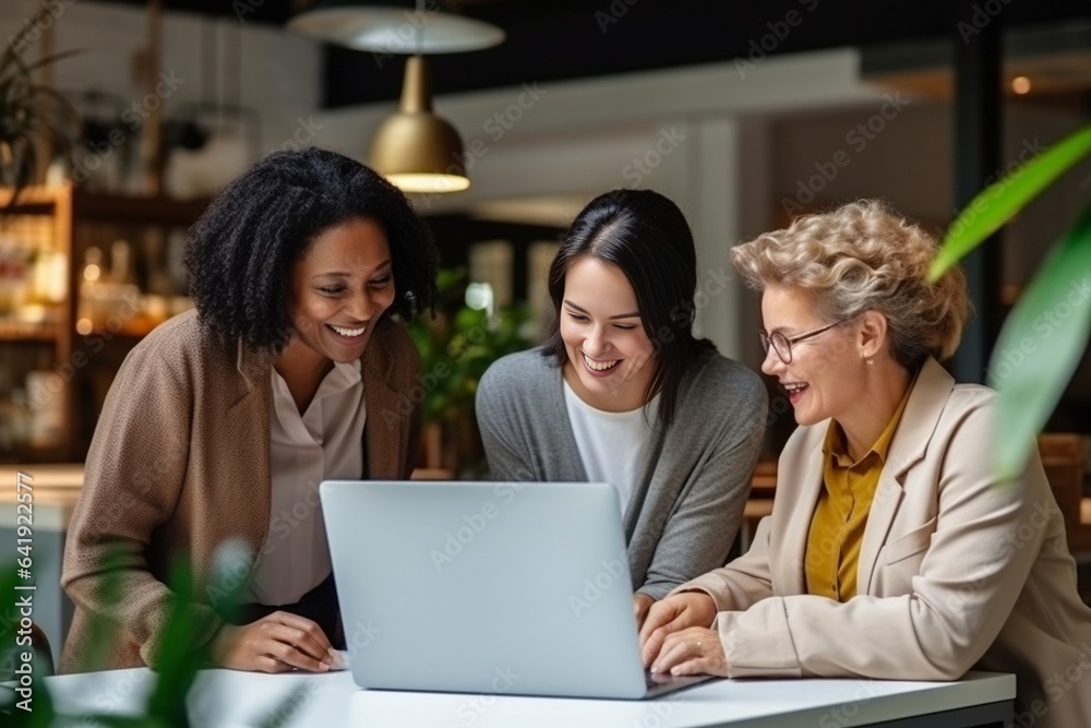Poster generative ai : joy of teamwork. female coworkers using laptop,