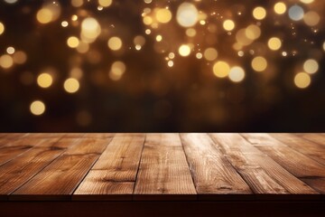 Naklejka na ściany i meble Generative AI : background Image of wooden table in front of abstract blurred restaurant lights