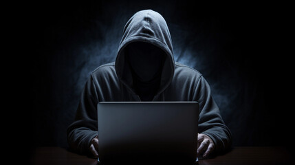 Person with Hidden Face and Laptop Engaged in Dark Cyber Work in a Black Background