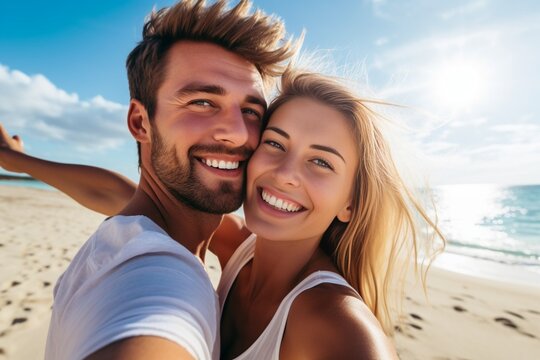 Generative AI : Image of young happy man kissing and hugging beautiful woman while taking selfie photo on sunny beach