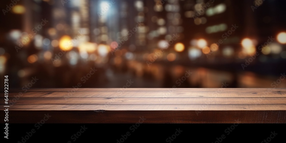 Aufkleber Generative AI : background Image of wooden table in front of abstract blurred restaurant lights