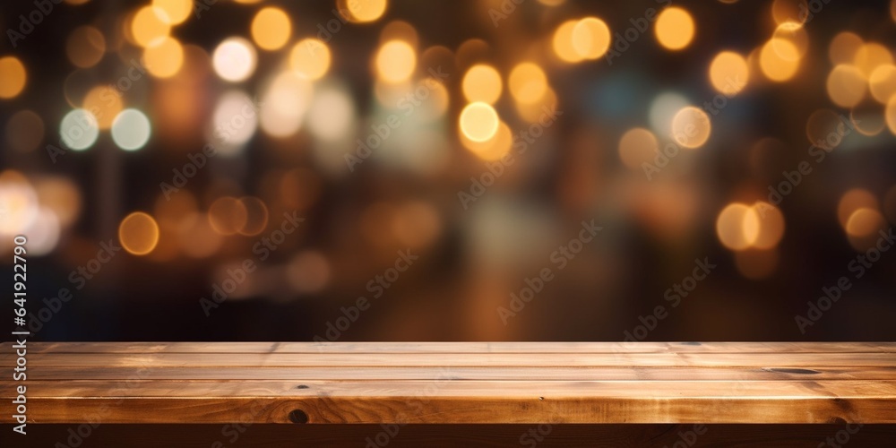 Poster Generative AI : background Image of wooden table in front of abstract blurred restaurant lights