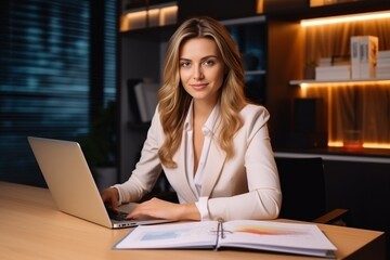 Generative AI : A young woman works in the office at a table behind a laptop. Feels severe pain, sprains, massages