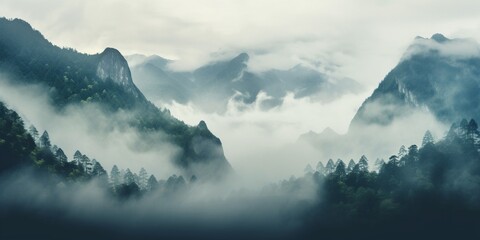 Generative AI : Foggy landscape in the jungle at sunrise. Fog and cloud mountain tropic valley landscape