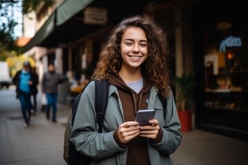 Generative AI : A portrait of a young beautiful woman standing on the street, holding a crew and a phone in her hands, smiles at the camera. The photo is close.