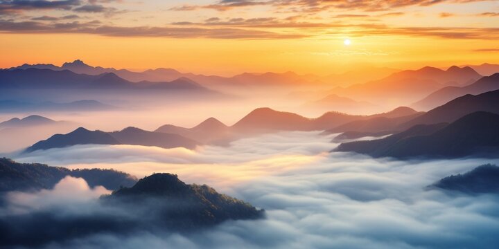 Generative AI : Foggy landscape in the jungle at sunrise. Fog and cloud mountain tropic valley landscape