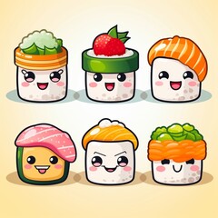 Generative AI : Cute sushi and rolls in kawaii style with smiling faces. Japanese traditional cuisine dishes.