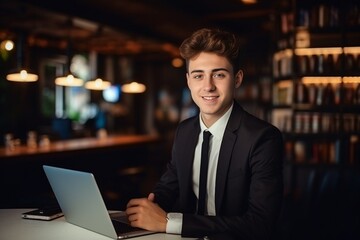 Fototapeta premium Generative AI : Close-up photo. Portrait of a young man student wearing a suit studying online. He looks at the camera with a smile.