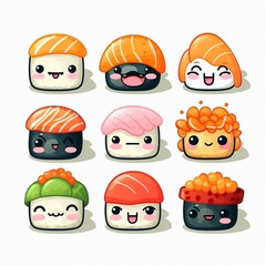 Generative AI : Cute sushi and rolls in kawaii style with smiling faces. Japanese traditional cuisine dishes.