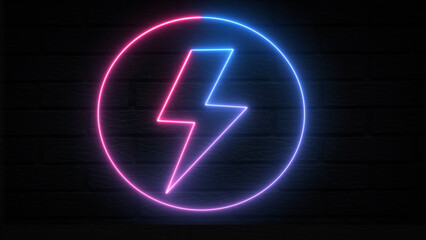 Glowing purple and blue neon lightning bolt icons Energy neon set. Signs of lightning with neon circles, thunder and electricity