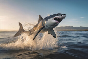 A great white shark jumping out of the water creates a powerful image of carnivore hunting its prey. This marine shot in blue tones is perfect for wildlife and conservation themes. AI Generative.