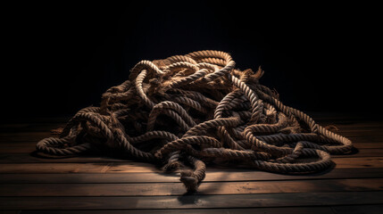 Pile of Rope on Dimly Lit Wooden Floor in the Dark, Intriguing Shadows and Textures